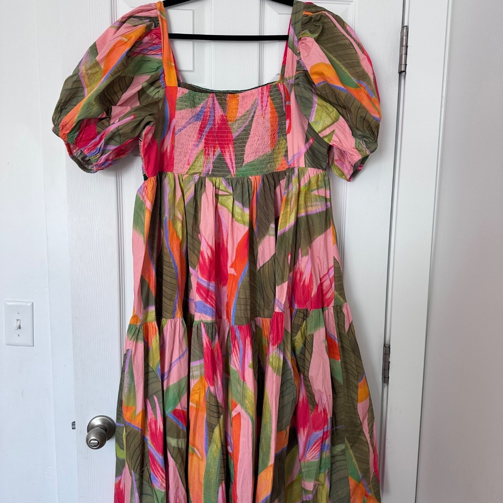 FARM Rio Multicolor Puff-Sleeve Midi Dress — Pink, Green, Orange - Picture 4 of 6